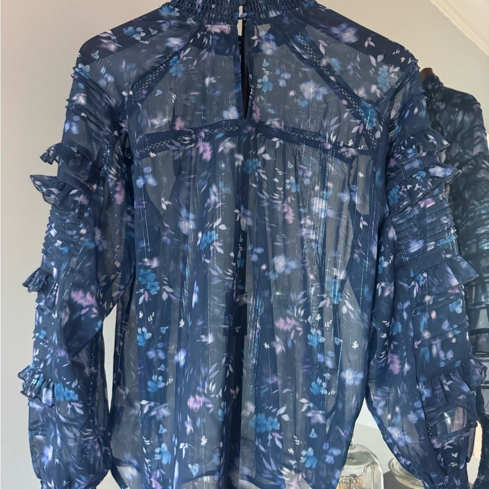 French Connection Navy Floral Ruffle Blouse US Small NWT - Picture 4 of 6